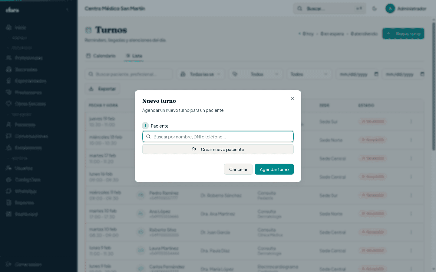 Dialog para agendar un nuevo turno en el backoffice de Clara